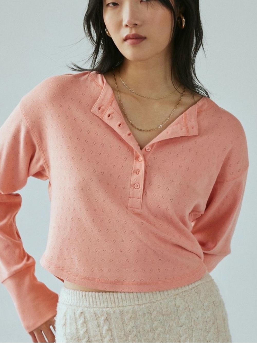 Out From Under Top Pointelle Knit Long Sleeve Henley Crop Womens Size M Peach